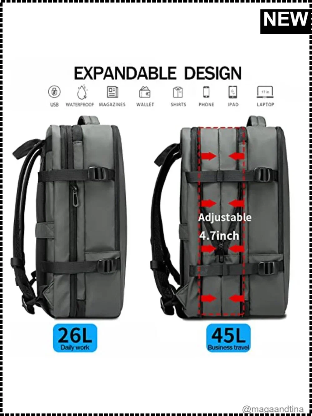 BANGE Expandable 26-45L Carry-on Travel Backpack Briefcase 17.3 Laptop